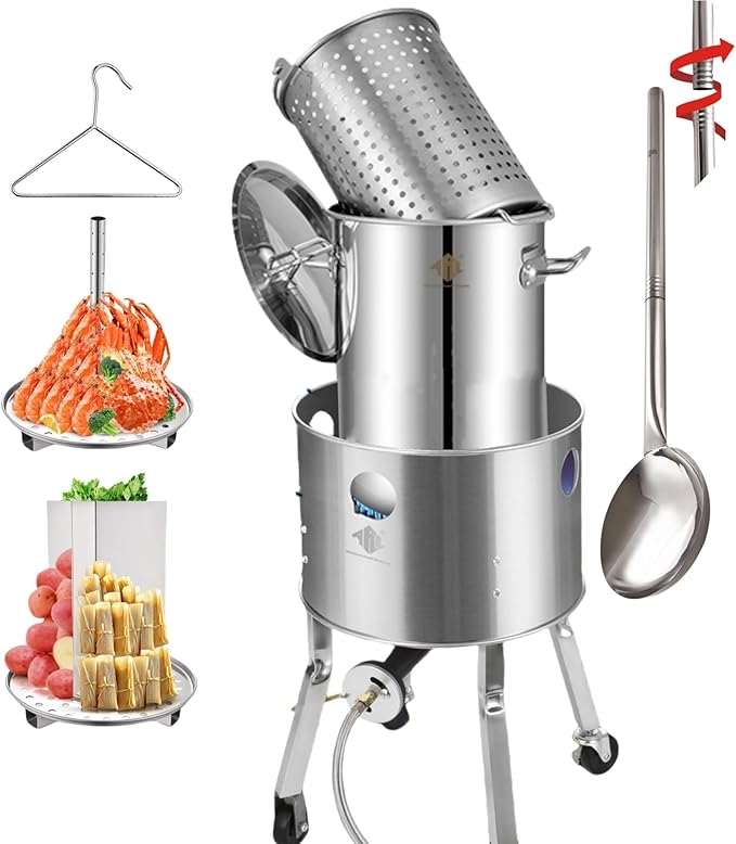 ARC 32QT Stainless Steel Stockpot with 200,000BTU Propane Burner, Seafood Boil Pot and Burner with Basket and 36 Inch Mix Spoon, Cookware for Crawfish Crab Shrimp Boil, Turkey Fryer, Tamale Steamer