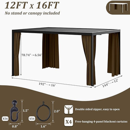 Gazebo Universal Replacement Privacy Curtain,12'×16' Gazebo Outdoor Waterproof Curtains, 4-Panels Sidewall Curtains with Double Zipper for Patio Canopy, Garden and Backyard (Curtain Only)