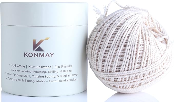 KONMAY 1.5mm Butcher 's Twine – 490ft 100% Cotton Cooking String, Baker Twine for Trussing, Roasting, Grilling, Tying Meat, Herbs & Sausages,Packed in a Paper Box with Feeding Hole