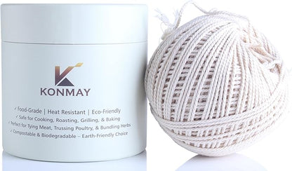 KONMAY 1.5mm Butcher 's Twine – 490ft 100% Cotton Cooking String, Baker Twine for Trussing, Roasting, Grilling, Tying Meat, Herbs & Sausages,Packed in a Paper Box with Feeding Hole