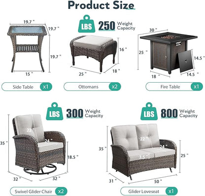 7 Piece Patio Furniture Set with Fire Pit Table - Wicker Patio Conversation Set with Swivel Glider, Glider Loveseat, Side Table and 2 Ottomans for Deck Backyard - Brown Wicker Beige Cushion
