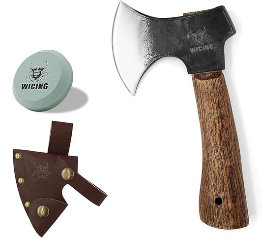 Hatchet, 8 Inches Small Hand Axe 1065 Manganese Steel and Beech Wood Handle with Leather Sheath