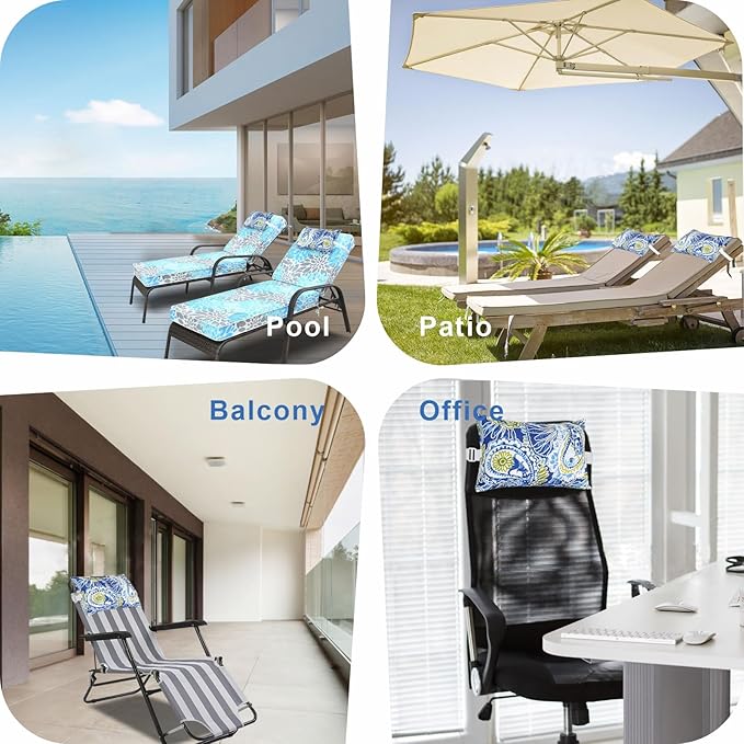 JMGBird Outdoor Pillow for Chaise Lounge Chair Set of 4 Waterproof Headrest Pillow Lumbar Pillows with Insert & Adjustable Elastic Strap for Beach Poolside Patio Office, 10x16 Inch