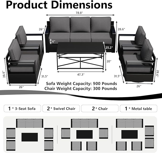 Outdoor Patio Furniture Set, 6-Piece Aluminum Patio Conversation Set All-Weather Metal Outdoor Sectional with 6 Inch Thick Cushions, Deep Setting for Garden, Outside and Porch