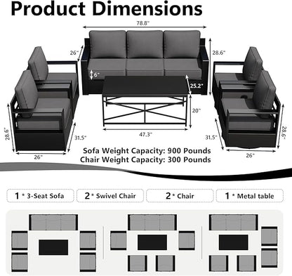 Outdoor Patio Furniture Set, 6-Piece Aluminum Patio Conversation Set All-Weather Metal Outdoor Sectional with 6 Inch Thick Cushions, Deep Setting for Garden, Outside and Porch