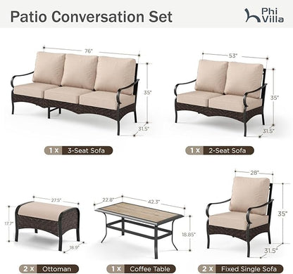 PHI VILLA Extra Large Outdoor Modern Patio Furniture Set, Upgraded Wicker&Metal Patio Furniture Conversation Set with Waterproof Thick Cushions for Porch, Poolside, Deck, and Yard(7 Pieces,Beige)