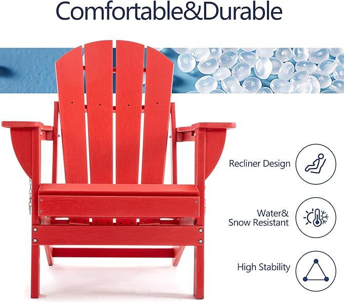 Folding Adirondack Chair, HDPE Outdoor Texture Lawn Chair with Reclining Back, Cup and Phone Holder - Comfortable Firepit Chair Weather Resistant for Patio or Backyard (Red, Set of 2)