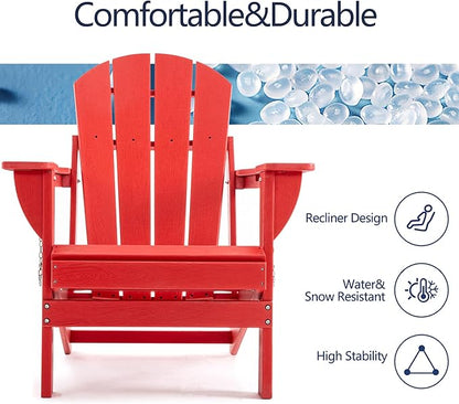 Folding Adirondack Chair, HDPE Outdoor Texture Lawn Chair with Reclining Back, Cup and Phone Holder - Comfortable Firepit Chair Weather Resistant for Patio or Backyard (Red, Set of 2)