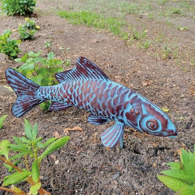 Metal Koi Fish Sculptures, Outdoor Garden Sculptures & Statues, Antique Copper Koi Pond Decor, Set of 2 Koi Fish Figurines Artwork, Garden Statue for Indoor Outdoor Patio Backyard Home Kitchen