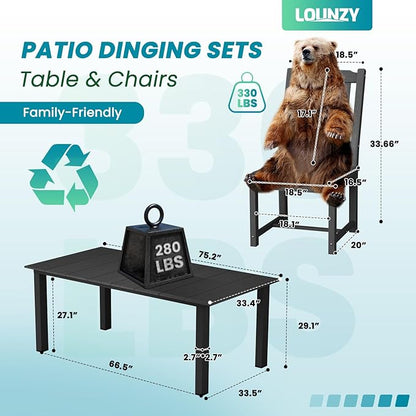 LOUNZY 9 Pieces Patio Dining Sets,Outdoor HDPE Furniture Set for 8 w/ 2" Hole Cut-Out Dining Table with 8 Patio Chairs(2 W/Armrest, 6 w/o Armrest),Black