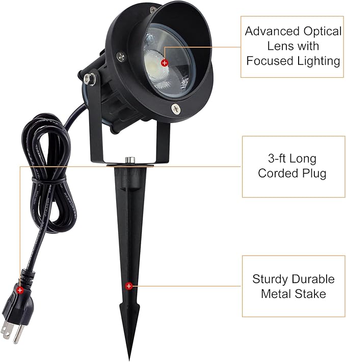 GBS9809 LED Spotlights, 9W 120V Line Voltage, 5000K Daylight, with Metal Ground Stake, Outdoor Flag Light, Landscape Spotlight, Corded Plug, Not Dimmable (Pack of 2)