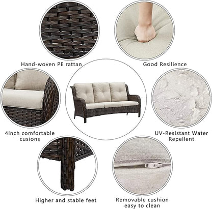 HUMMUH 3-Seat Outdoor Wicker Sofa PE Rattan Patio Couch with Cushions,Deep Seat High Curved Back Armset Patio Sofa