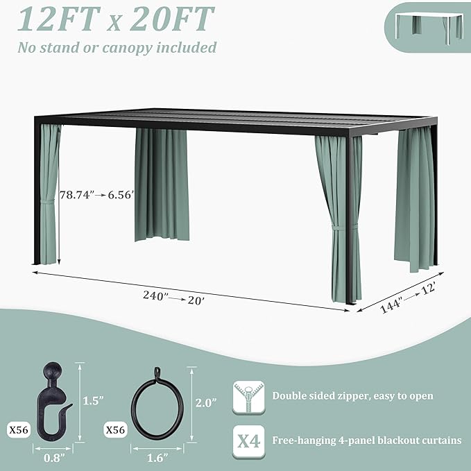 Gazebo Universal Replacement Privacy Curtain,12'×20' Gazebo Outdoor Waterproof Curtains, 4-Panels Sidewall Curtains with Double Zipper for Patio Canopy, Garden and Backyard (Curtain Only)