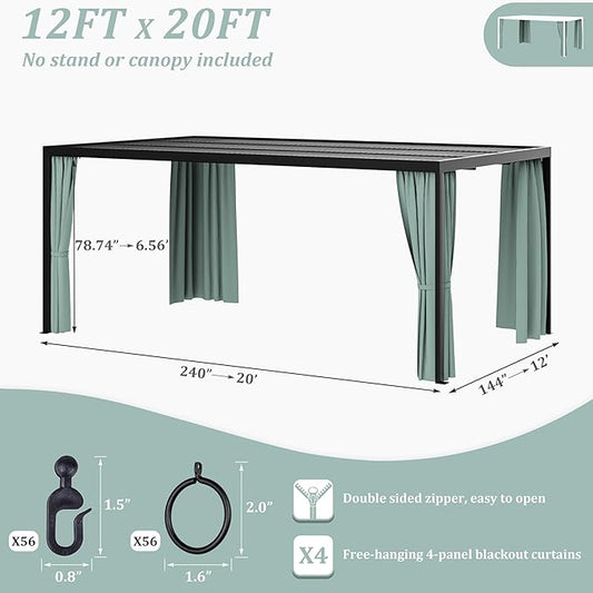 Gazebo Universal Replacement Privacy Curtain,12'×20' Gazebo Outdoor Waterproof Curtains, 4-Panels Sidewall Curtains with Double Zipper for Patio Canopy, Garden and Backyard (Curtain Only)