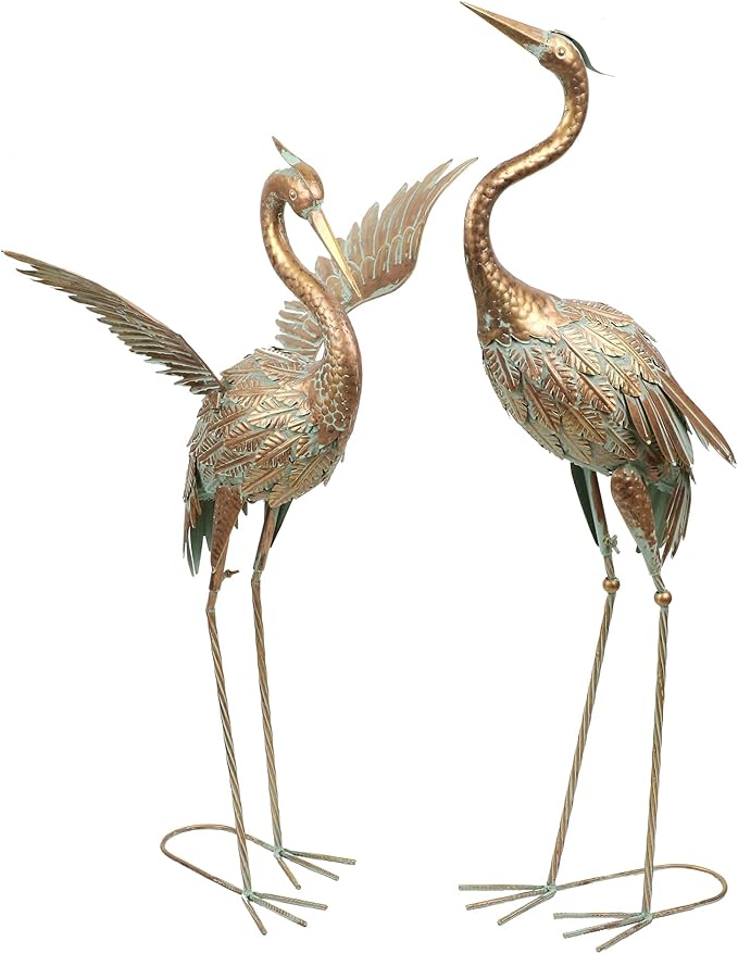 TERESA'S COLLECTIONS Garden Decor, Set of 2 Cranes Garden Decor, 25-26", Elegant Cranes with Golden Painting, Waterproof Metal Garden Statue, Herons Gifts Birthday Gifts for Women Mom