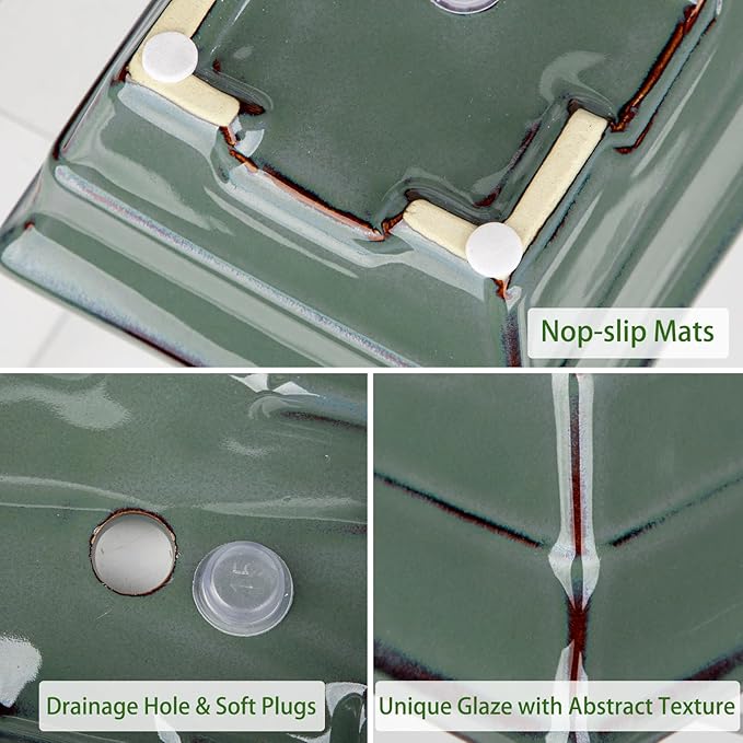 Ceramic Bonsai Pots with Drainage Hole Set of 2, Green Glazed Bonsai Planters for Indoor/Outdoor Use, Rectangular Shallow Bonzai Tree Pot for Succulent, Orchids, Cacti, Home, Patio, Garden, 6.3"x4.9"