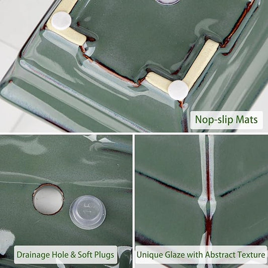 Ceramic Bonsai Pots with Drainage Hole Set of 2, Green Glazed Bonsai Planters for Indoor/Outdoor Use, Rectangular Shallow Bonzai Tree Pot for Succulent, Orchids, Cacti, Home, Patio, Garden, 6.3"x4.9"