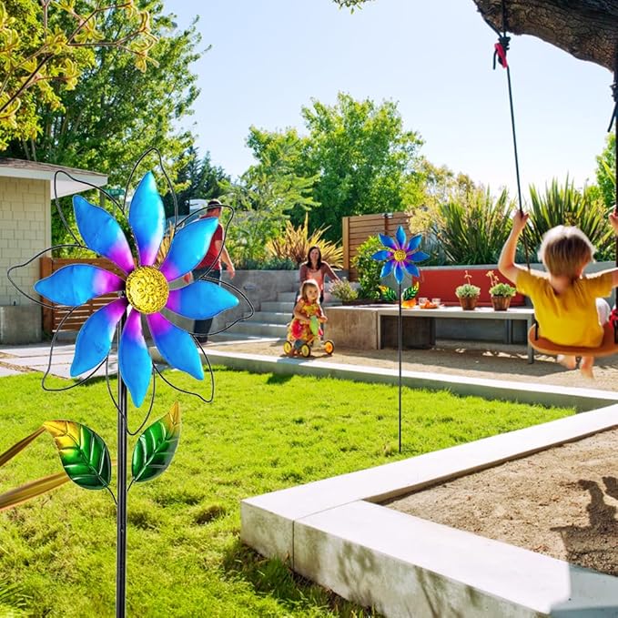 14'' Wind Spinners Outdoor, Flower Metal Garden Wind Spinners Outdoor, Kinetic Wind Sculptures & Spinners for Yard Garden Lawn Decor (Blue)