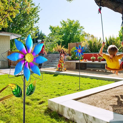 14'' Wind Spinners Outdoor, Flower Metal Garden Wind Spinners Outdoor, Kinetic Wind Sculptures & Spinners for Yard Garden Lawn Decor (Blue)