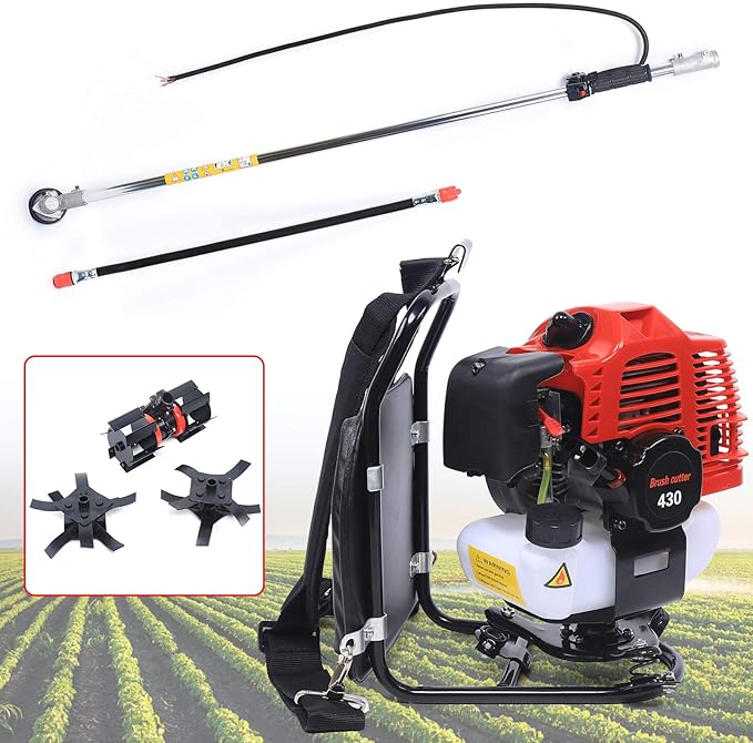 3 in 1 Backpack Brush Cutter Tiller, 43cc 2 Stroke Gas Powered Grass Hedge Trimmer Air-Cooled Single Cylinder Cultivator Lawn Mower for Farmland Weeding, Harvesting, Clearing (Head 1E40F-5)