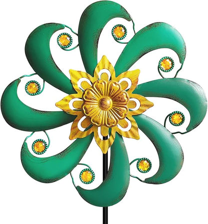 Flower Outdoor Metal Wind Spinner, Single-Layer Kinetic Garden Art with Vibrant Green Finish - Weatherproof Wind Sculpture for Lawn, Patio, Yard Decor - 10''W x 36''H