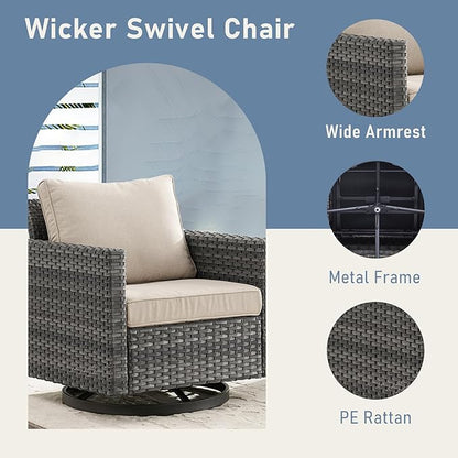 Patio Rocker Chair Outdoor：Wicker Chairs Swivel Patio Chairs Set of 4 Wicker Patio Furniture Sets with Wide Wicker Armrests Rocking Chairs for Porch, Grey / Beige