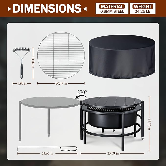 Fire Pits for Outside Wood Burning, Extra Large Outdoor Fire Pit with Grill and Roating Table, Cold Finished Steel Round Firepit Bowl with Poker and Round Waterproof Cover for Patio, Backyard, Garden