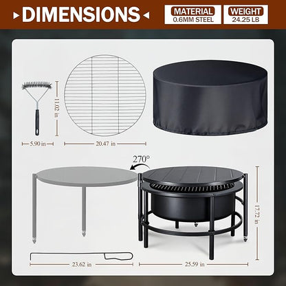 Fire Pits for Outside Wood Burning, Extra Large Outdoor Fire Pit with Grill and Roating Table, Cold Finished Steel Round Firepit Bowl with Poker and Round Waterproof Cover for Patio, Backyard, Garden
