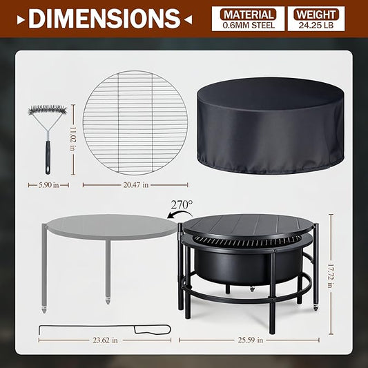 Fire Pits for Outside Wood Burning, Extra Large Outdoor Fire Pit with Grill and Roating Table, Cold Finished Steel Round Firepit Bowl with Poker and Round Waterproof Cover for Patio, Backyard, Garden