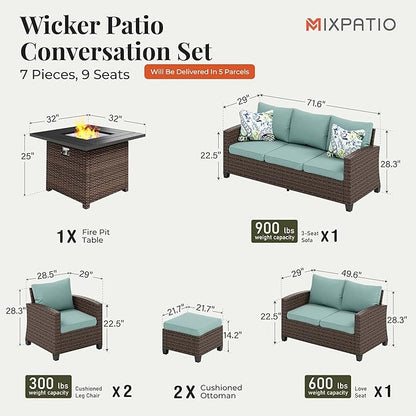 Patio Furniture Set, 7 Pcs Wicker Rattan Outdoor Conversation Set, 2 x Leg Chairs, 1 x 3 Seater Sofa, 1 x 2-Seat Lover Sofa and 2 x Ottomans with 4" Thick Cushion and 32" Fire Pit Table, Blue