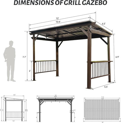 Domi 6.5x12FT Hardtop Grill Gazebo, Outdoor BBQ Gazebo with 2 Side Shelves and Ceiling Hook, Outdoor Grill Canopy with Galvanized Steel Slope Roof for Patio Lawn Backyard Deck, Brown