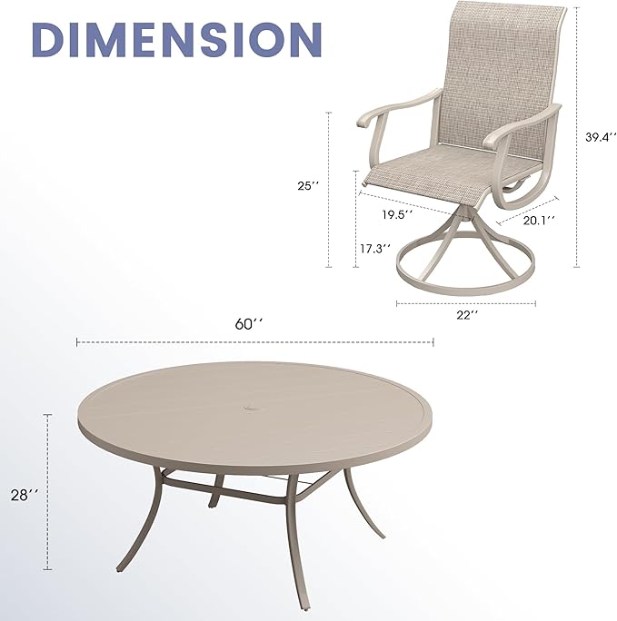 VICLLAX 9 Pieces Outdoor Dining Set, Patio Furniture Set of 8 Patio Swivel Dining Chairs and 60" Patio Round Table, Sandshell Chairs & Sandshell Tabletop