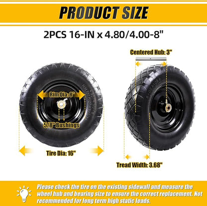 MZREXN 4.80/4.00-8" Flat Free Tire and Wheel, 16" Universal Solid Wheelbarrow Tires, with 5/8" & 3/4" Bearings, 3" Centered Hub for Hand Truck Garden Trailers Utility Cart Yard Wagon (2-PACK, Black)