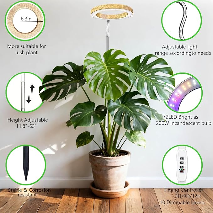 Grow Light for Indoor Plants, 6.3" Full Spectrum LED Plant Grow Light, 11.8-63in Height Adjustable Growing Lamp with Auto Timer 3H/9H/12H, 10 Dimmable Levels (2 Pack)