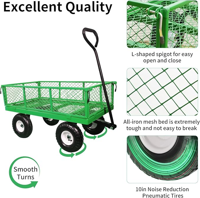 AAIN 400 lbs Metal Garden Cart,Heavy Duty Garden Wagon with Removable Steel Mesh Sides, Utility Yard Cart with 180° Rotating Handle and 10-inch Wheels—Perfect for Gardens, Farms, and Yards, Green