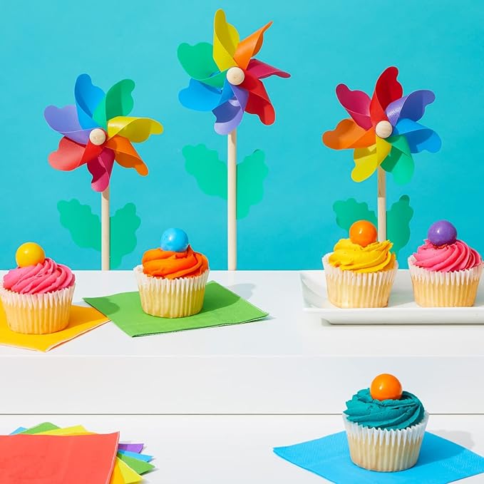 Blue Panda 12-Pack Rainbow Flower Pinwheels for Yard and Garden - Wind Spinners and Outdoor Party Favors for Kids, Pride and Birthday Decorations - Windmill for Yard - Pinwheels for Kids