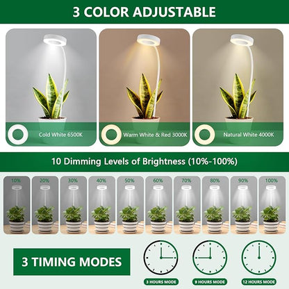 Grow Lights for Indoor Plants Full Spectrum, Clip-on LED Plant Lights for Indoor Growing with Auto On/Off Timing 3/9/12 Hrs, 10 Dimmable Levels, 3 Spectrum Modes & Adjustable Gooseneck, White, 2 Pack
