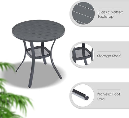 VICLLAX Outdoor Patio Round Dining Table, 28"x 28" Metal Slatted Round Tabletop with Storage Shelf for Deck Lawn Garden Backyard, Dark Grey