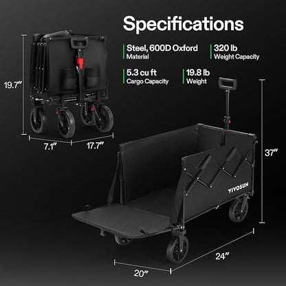 VIVOSUN Collapsible Wagon with Tailgate, 320lb Load-Bearing Outdoor Utility with All-Terrain Wheels, Adjustable Handle, Cup Holders for Camping, Shopping, Garden, Sports, Picnic, Black