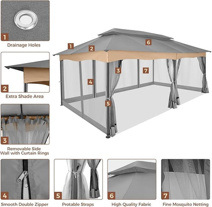 COBIZI Gazebo 12x20 Heavy Duty Gazebos with Improved Nettings Outdoor Gazebo Canopy Double Roof Patio Gazebos with Metal Steel Frame for Patio, Deck, Backyard (Gray)
