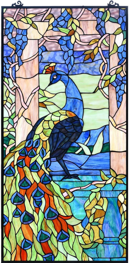 Bieye W10096 Peacock in Garden Tiffany Style Stained Glass Window Panel for Home Decor (Blue, 19.5Wx40.5H Rectangular)