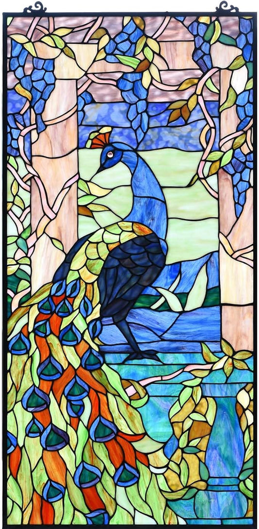 Bieye W10096 Peacock in Garden Tiffany Style Stained Glass Window Panel for Home Decor (Blue, 19.5Wx40.5H Rectangular)