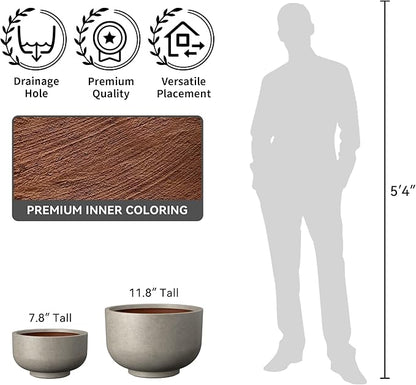 Kante 13.8 Inch Dia Concrete Bowl Planter, Large Tapered Bottom Plant Pot with Drainage, Smooth Weathered Concrete Finish with Warm Brown Interior, Ideal for Porch, Home, Garden, Patio