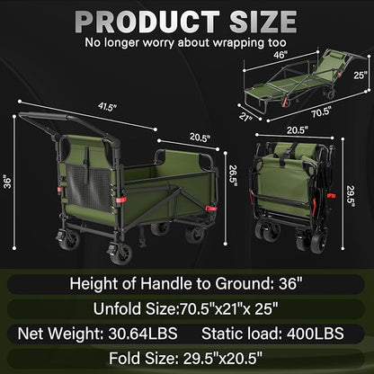 LEVELEVE Heavy Duty Folding Wagon - 2-in-1 Collapsible Cart, 400lb Capacity, All-Terrain Wheels w/Brakes & Side Pockets