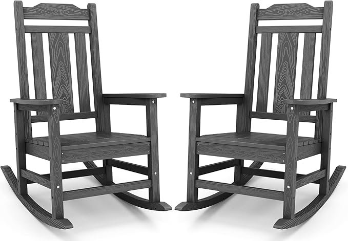 SERWALL HDPE Rocking Chair Set of 2, All Weather Patio Rocking Chair, HDPE Poly Rocking Chair for Adults, Heavy Duty Front Porch Rocker, Gray
