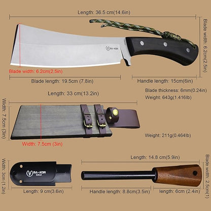 BA-KOR (Pioneer ) (14.6") DC53 steel 6mm thickened full Tang fixed knife+ Wooden sheath &(5.9IN) Cerium Igniter, suitable for outdoor hunting, cutting, chopping, camping, obstacle removal, exploration, fishing, EDC, BBQ (Sanding finish version)