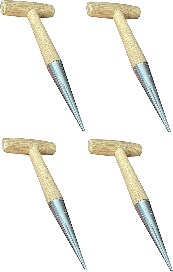 Garden Guru Steel Dibber Planter Tool for Planting Seeds & Bulbs - High Carbon Steel & Comfortable Wood Carved Handle - for Consistent Planting Flowers Tulips, Daffodils, Dahlias (4 Pack)