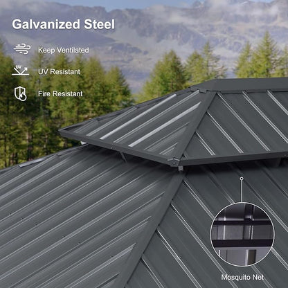PURPLE LEAF 12' X 28' Large Hardtop Gazebo Aluminum Gazebo with Galvanized Steel Double Roof for Patio Lawn and Garden, Curtains and Netting Included Grey