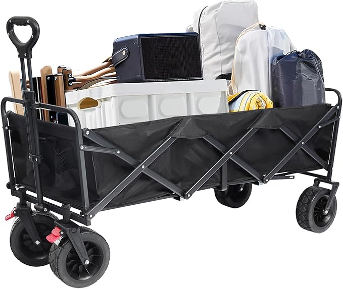 Beach Cart Large Capacity, Heavy Duty Folding Wagon Portable, Collapsible Wagon for Sports, Shopping, Camping Collapsible Foldable cart(440 LBS Capacity)