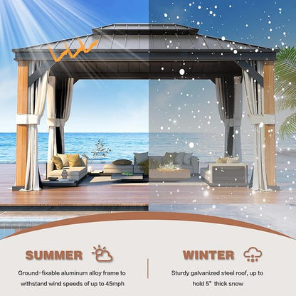 YOLENY 12'x16' Hardtop Gazebo Ultra-Thick Columns and Beams, Gazebo with Wood Grain Aluminum Frame, Galvanized Steel Roof, Permanent Metal Pavilion with Netting and Curtains for Backyard and Patio